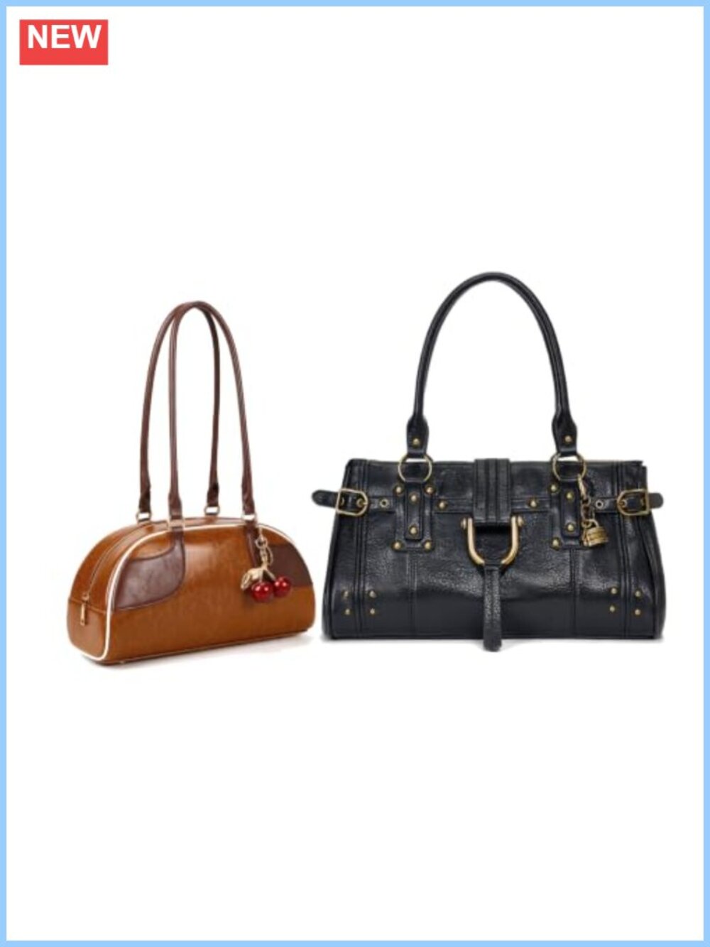 2-Pack Faux Leather Hobo & Bowler Handbags with Cherry Charm